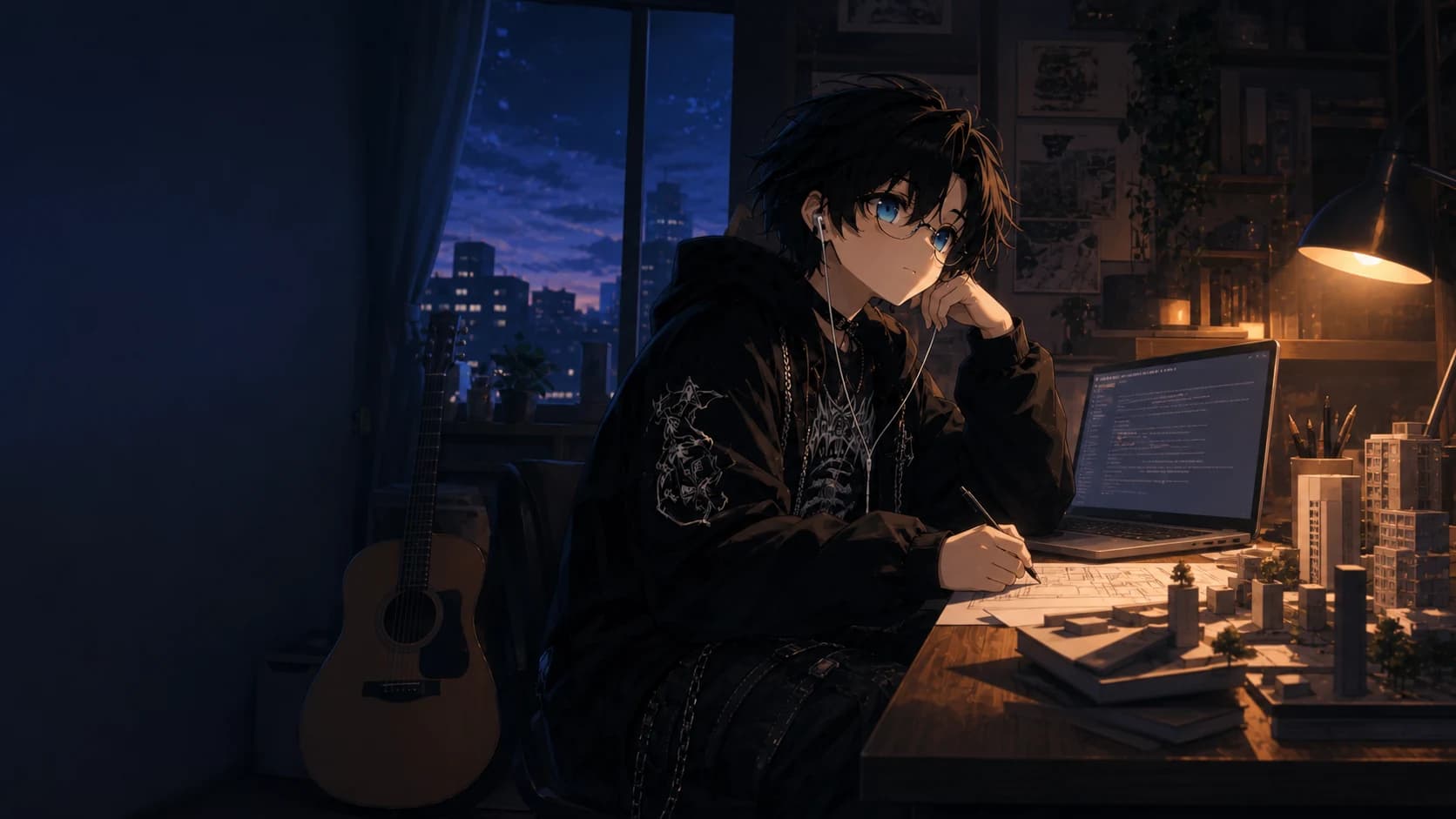 Klevshi at a desk with a laptop, guitar, and miniature city models