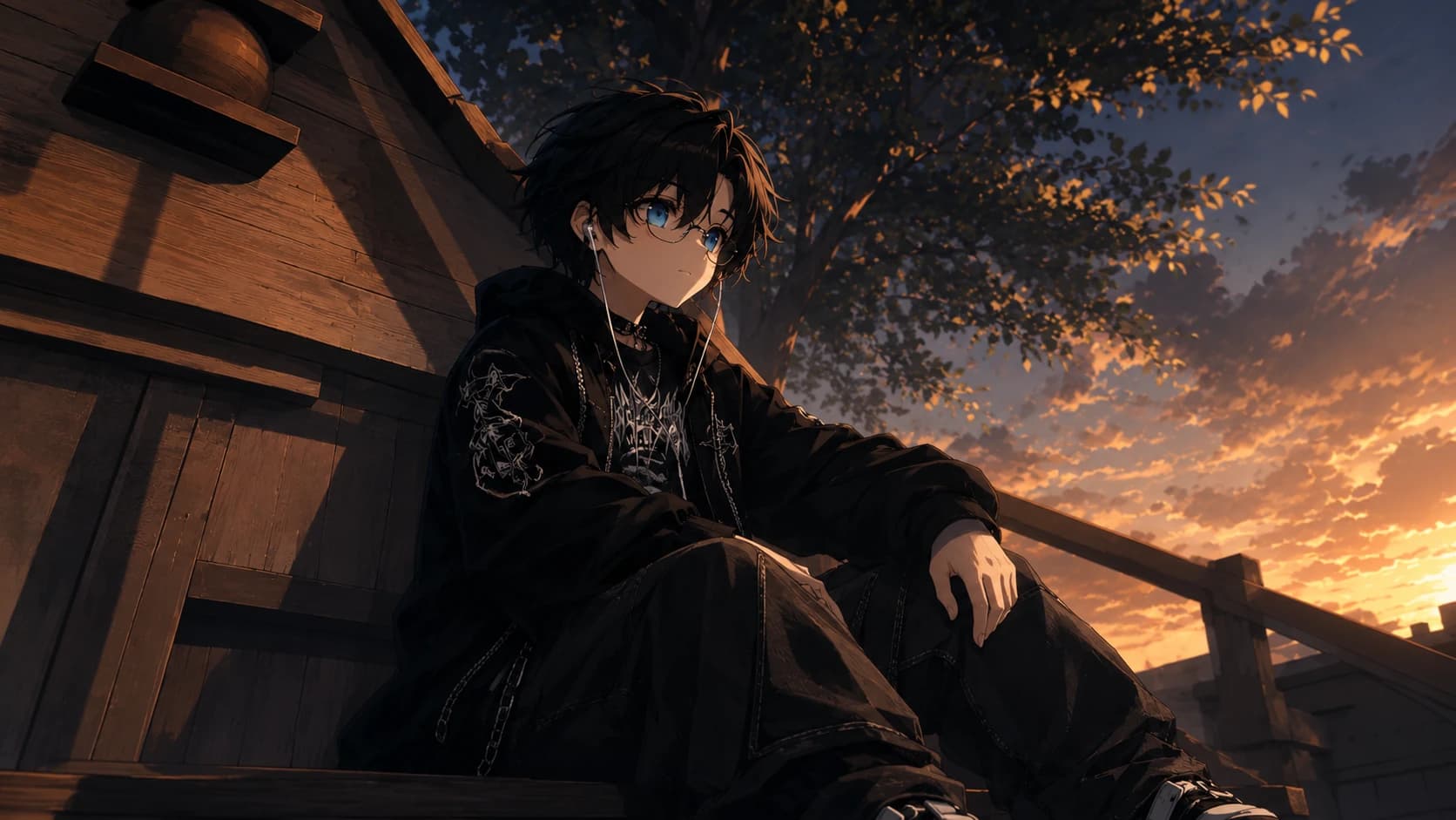 Klevshi standing in front of a warm wooden building at sunset