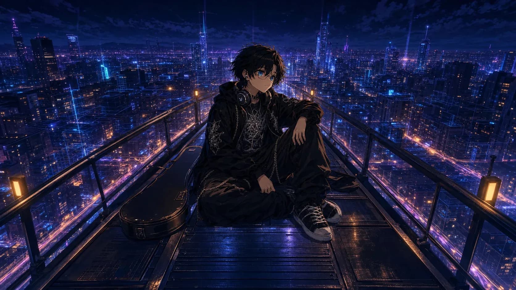 Klevshi on a rooftop above a neon night city with a guitar case and glowing rhythm-like roads