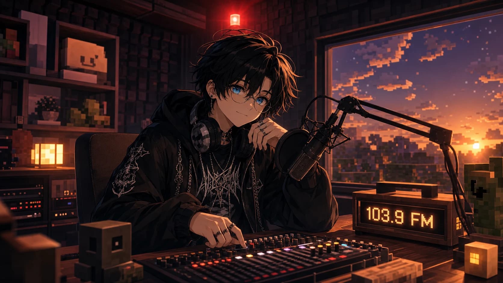 Klevshi hosting Ceritanya Radio in a warm podcast booth with a 103.9 FM display